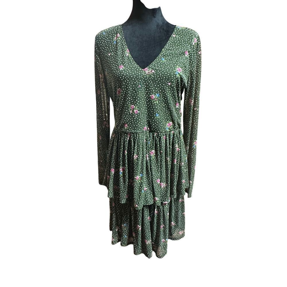 AVLN Studio Green Floral Tiered Dress Sheer Long Sleeve Fairy Forest Whimsical L - Picture 2 of 12